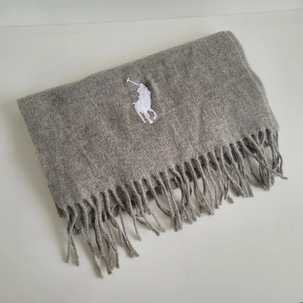 Polo Ralph Lauren 100% Lambs Wool Big Pony Scarf Gray W Fringe